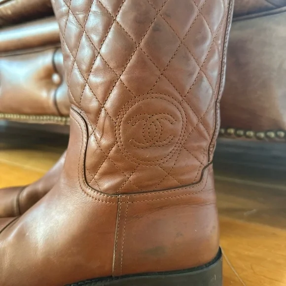 Chanel Women's CC Cap Toe Boots Quilted Leather Brown size :38 running small